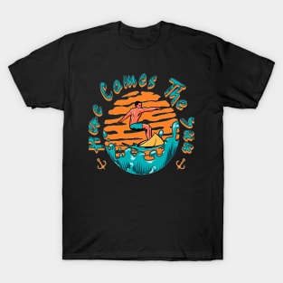 Happiness Comes In Waves, Hello Summer Vintage Funny Surfer Riding Surf Surfing Lover Gifts T-Shirt